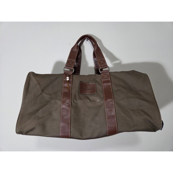 Peter Millar Other - Peter Millar Canvas Duffel Bag Brown Olive Plaid Lining Weekend Travel Gym Bag